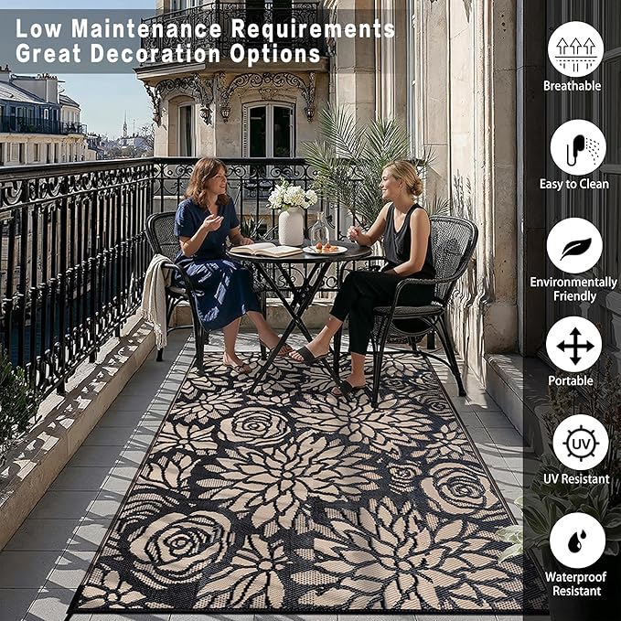 Outdoor Plastic Straw Rug Waterproof Patio 9x12 Black Brown Floral Mat - Image 5