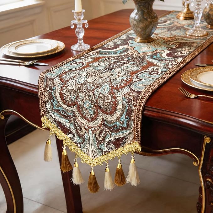 Elegant Table Runner 120" Brown Floral Baroque Medallion by Jiino