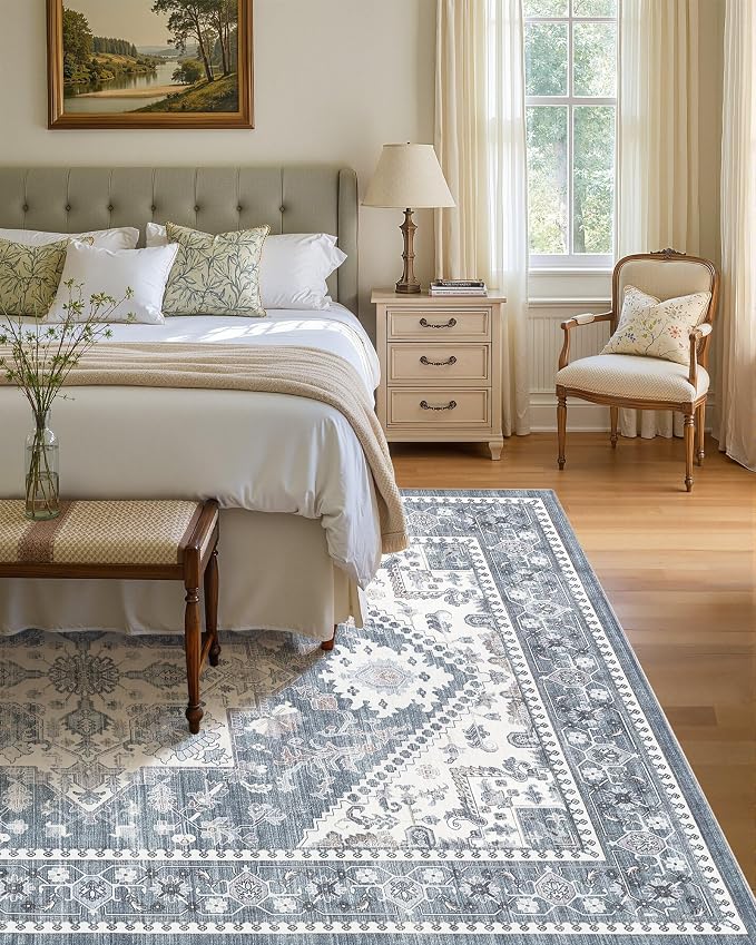 5x8 Vintage Area Rug: Washable Neutral Soft Non Slip Thin Large Floor Carpet - Image 4