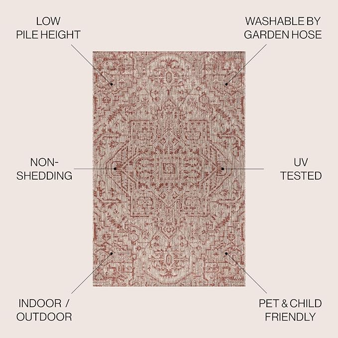 JONATHAN Y Boho Medallion Indoor Outdoor Square Area Rug 5X5 Red/Taupe - Image 2