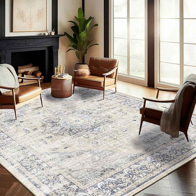 CHAMPLANT Washable Area Rug 10'x14' Floral Blue Boho Design Non-Shedding Easy by CHAMPLANT