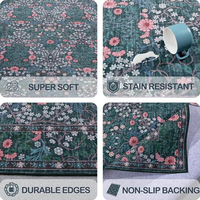 Vintage Green Living Room Rug, 6x9 Washable Area Rugs - Image 6