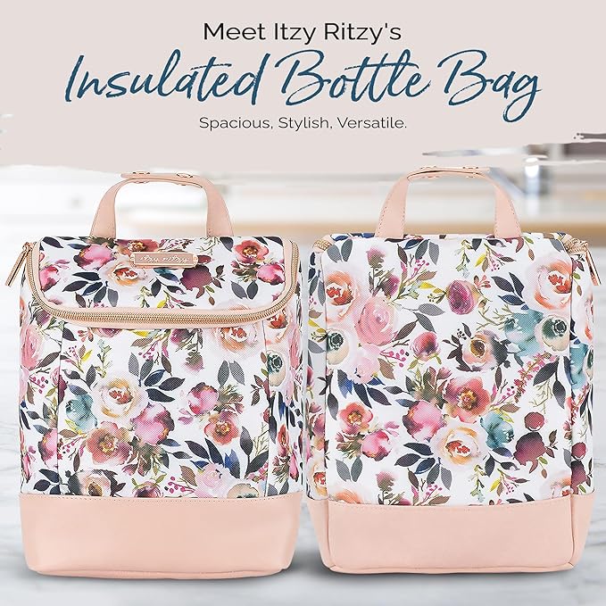 Itzy Ritzy Insulated Bottle Bag – Keeps Bottles Warm or Cool - Holds 3 Bottles & Features Interior Pocket for Ice Pack (Not Included), Blush Floral