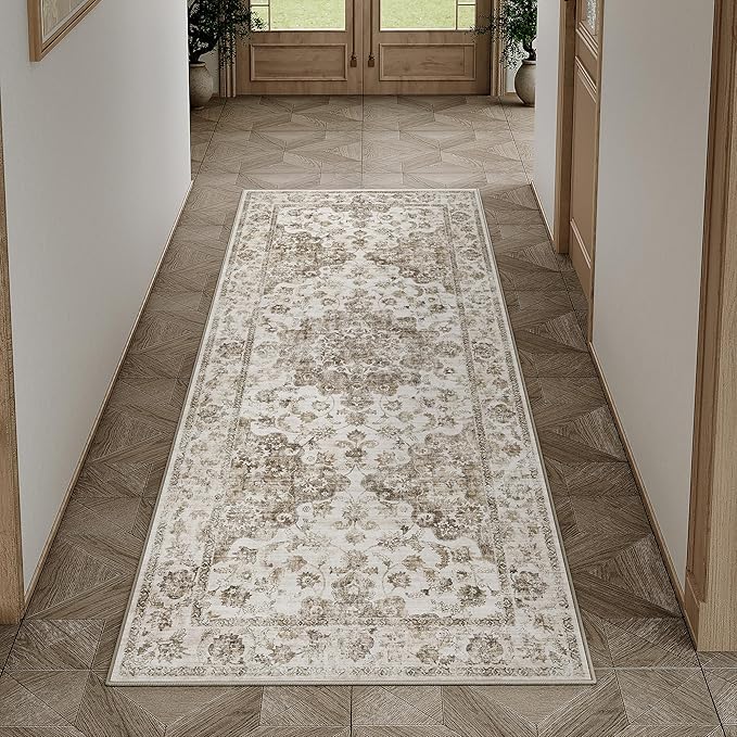 2x5 Washable Neutral Runner Rug Brown Vintage Hallway Kitchen Carpet Non-Slip by WondRg
