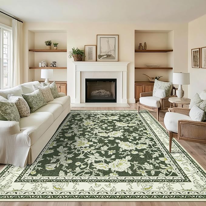 Olive Green Floral Print Area Rugs - Image 7