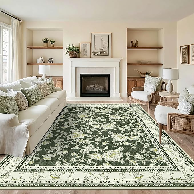 Olive Green Floral 5x7 Area Rug Vintage Boho Washable Printed Rug - Image 2