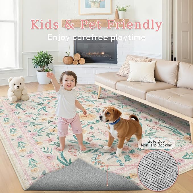 Pink Floral Area Rug 6x9, Soft Washable Girls Bedroom Rug - Image 7