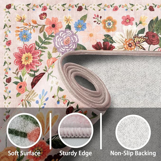 Blush Washable Area Rug 8x10, Large Soft Floral Carpet - Image 3