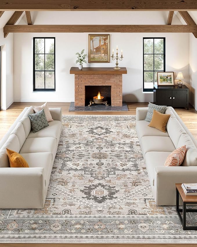 5x8 Vintage Area Rug: Washable Neutral Soft Non Slip Thin Large Floor Carpet - Image 2