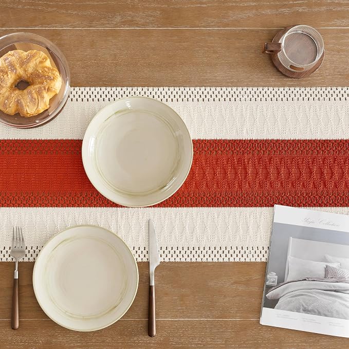 Macrame Style Bicolor Stitching Table Runner 14x90in Orange | Woven Boho Table - Image 5