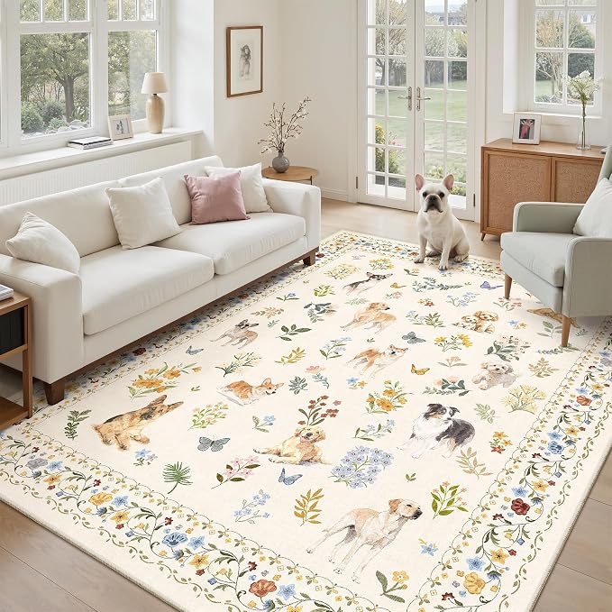 Soalmost Dog 5x7 Area Rugs for Living Room, Machine Washable Animal Floral by Soalmost