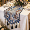 Exquisite Floral Jacquar Table Runner 87" Navy Blue by Jiino