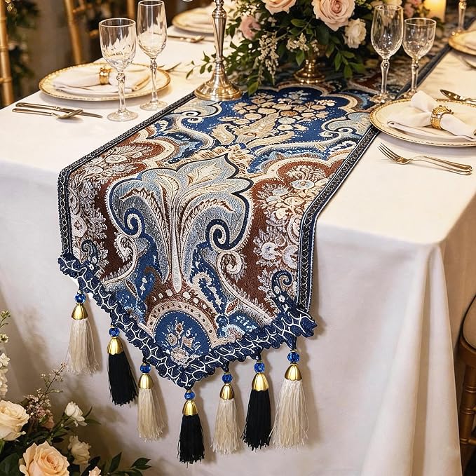 Exquisite Floral Jacquar Table Runner 87" Navy Blue by Jiino