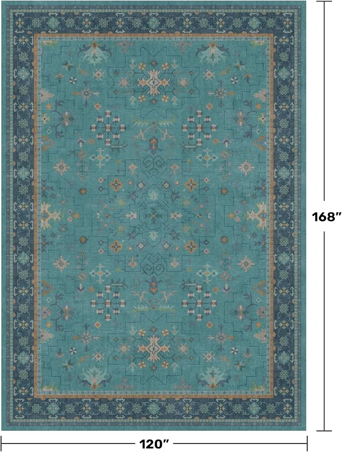 Washable 10x14 Teal Boho Living Room Rug - Image 2