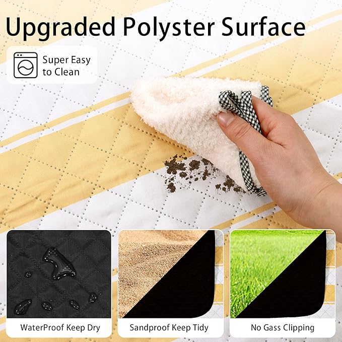 HX&OD Outdoor Picnic Blanket Extra Large, 80''*80'' Waterproof Picnic Mat with Stakes Foldable Camping Blanket Portable with Carry Strap for Beach Mat (Yellow& White, 80''*80'')