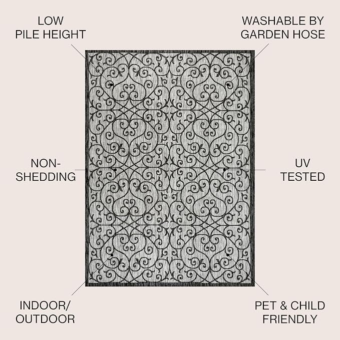 JONATHAN Y Vintage Filigree Indoor Outdoor Round Area Rug 5 Ft Light Gray/Black - Image 2