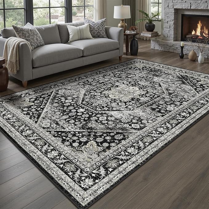 DCX Machine Washable Black Area Rug 8x10, Non Slip Stain Resistant Vintage by DCXWashableRug