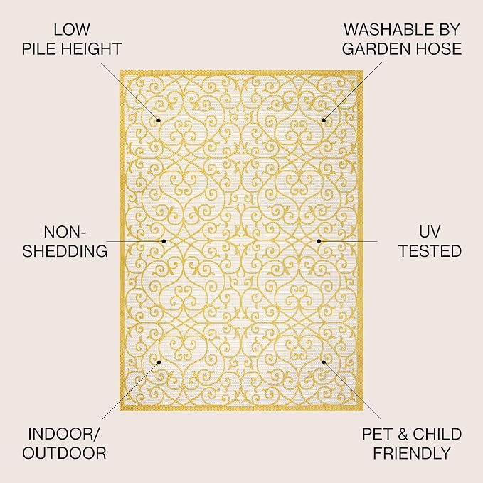 JONATHAN Y Vintage Filigree Indoor Outdoor Area Rug 3X5 Cream/Yellow, Madrid - Image 3
