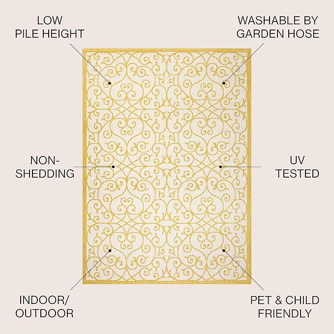 JONATHAN Y Vintage Filigree Indoor Outdoor Area Rug 5X8 Cream/Yellow, Madrid - Image 3