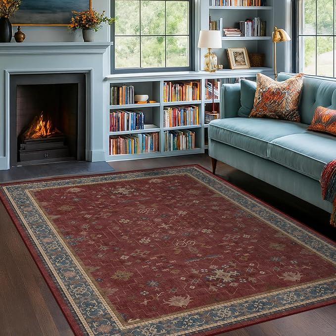 5x7 Boho Dark Red Rug for Living Room by HazoHaus
