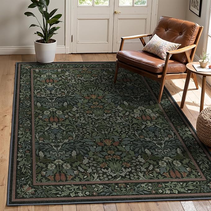 GENIMO Area Rugs 5x7 Washable, Dark Green Non Slip Vintage Boho Floral Carpet - Image 3