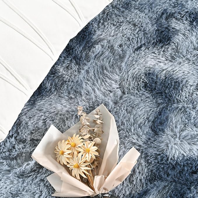 FlyDOIT Large Area Rugs for Living Room, 4x6 Feet Tie-Dyed Blue Grey Shaggy Rug - Image 5