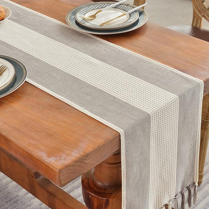Wracra Linen Table Runner, Stripe Table Runners 108 Inches Long Coffee | - Image 6