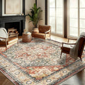 CHAMPLANT Washable Area Rug 10'x14' Red Khaki Retro Flowers Boho Design by CHAMPLANT