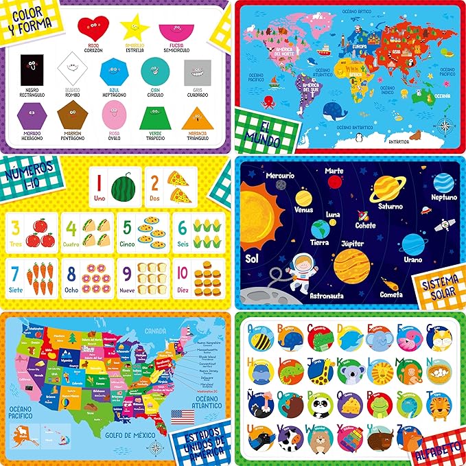 6 Pack Placemats for Kids, Non-Slip Washable Table Mats, Reusable Spanish by SpriteGru