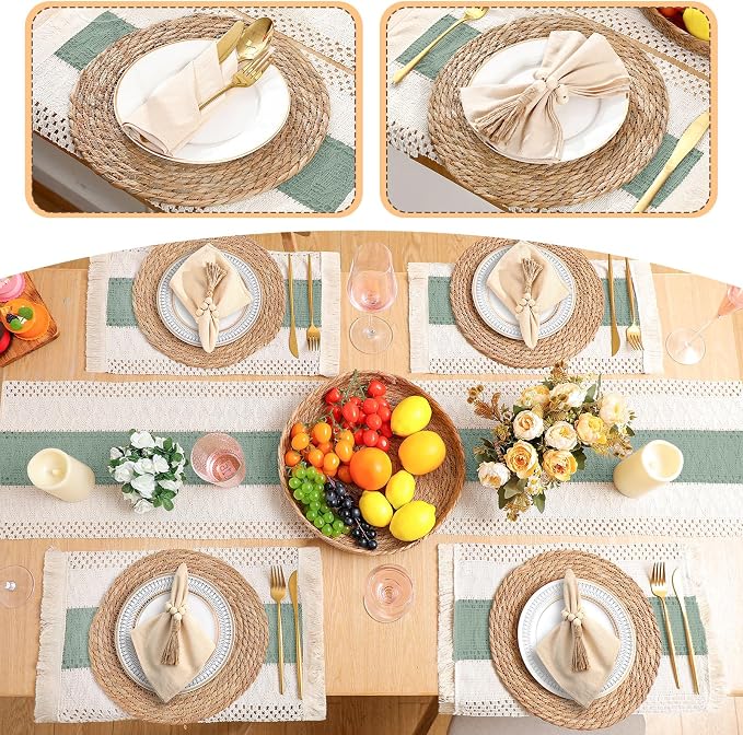 6 Sets Boho Decoration Placemats Round Woven Placemats, Cloth Napkins, Wood - Image 5