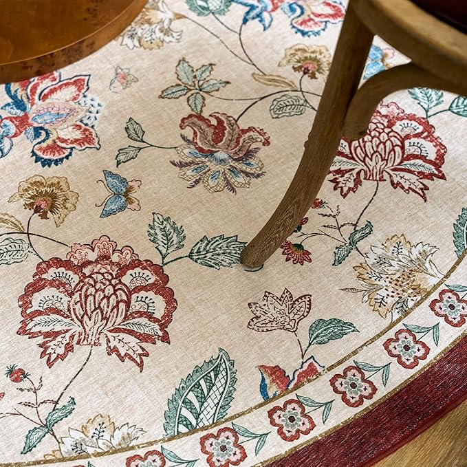 jinchan Floral Corner Rug for Kitchen Washable Nursery Rug Vintage Romance Design Non Slip Quarter Circle Lightweight Low-Pile Throw Carpet for Playroom Reading Nook Office, 5ft Radius, Red/Beige