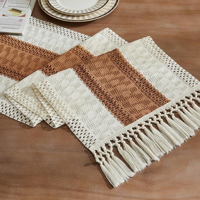 Macrame Style Bicolor Stitching Table Runner 14x60in Caramel | Woven Boho Table by ZEEMARTONLINE