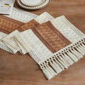 Macrame Style Bicolor Stitching Table Runner 14x108in Caramel | Woven Boho by ZEEMARTONLINE