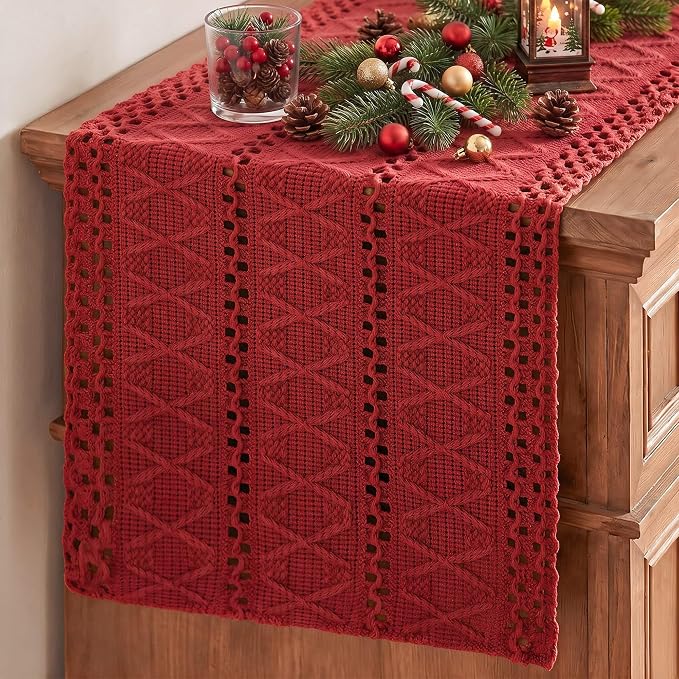 Artoid Mode Rose Red Woven Farmhouse Hollow Table Runner 12x60 Inch | Holiday by ArtoidMode