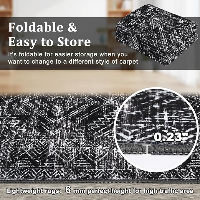 COZYLOOM Rug Runners 2x6 Washable Rugs for Bedroom Hallway Dining Room Living Room, Vintage Rug Non Slip Area Rug Geometric Soft Throw Rugs Low Pile Stain Resistant Carpet, Black
