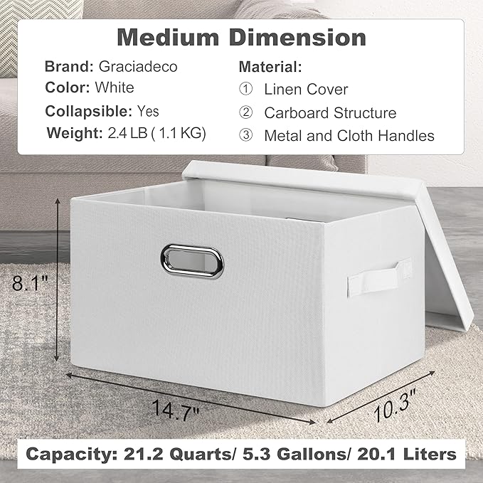 Medium 15" 21 Quart Collapsible Stackable Storage Bins with Lids, 1 Pack White Foldable Fabric Closet Storage Boxes with Lids, 4 Handles Heavy-duty Linen Cube Baskets for Bedroom