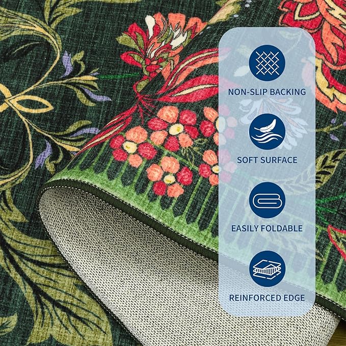 GarveeHome Forest Green Floral Botanical 2x6 Washable Kitchen Runner Rugs Non Slip Vintage Boho Cottage Long Rug for Hallways Bedroom Entryway Bathroom Mat with Rubber Back