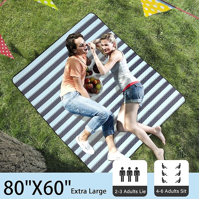 HX&OD Extra Large Picnic Outdoor Blanket, 80”x60” Waterproof Picnic Mat Foldable Camping Blanket Portable with Carry Strap for Beach Mat Outdoor Camping Party(Grey&Green)