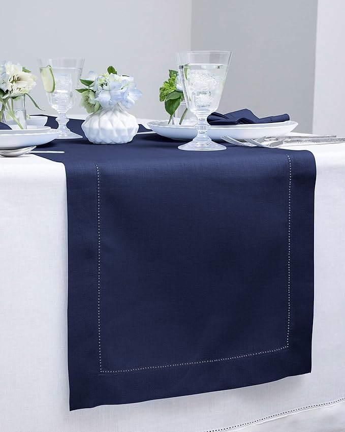 Solino Home 100% Pure Linen Dining Table Runner Navy Hemstitch, 14 x 132 in | - Image 2