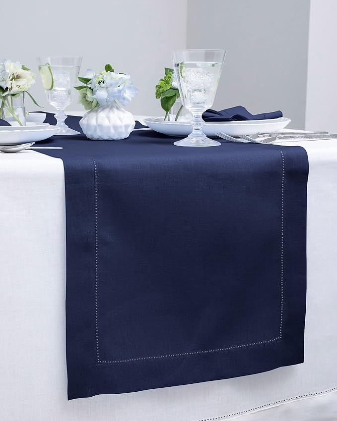 Solino Home 100% Pure Linen Table Runner Navy, Classic Hemstitch 14 x 60 in | - Image 2