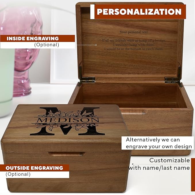 Floral Initial Keepsake Box - Personalized Memory Box for Keepsakes Wedding, Baby Shower - New Born Decorative Storage Chest, Rustic Memorabilia Box for Valentines Day, Monogrammed Gifts, 8x6x4 in