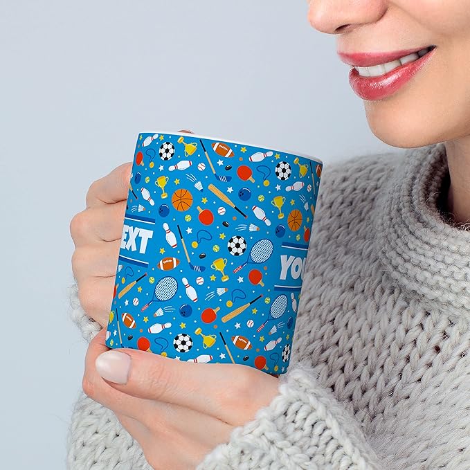 Personalized Mug for Kids - Sports - Custom Name/Text, Ceramic Hot Chocolate/Cocoa/Coffee Cup for Boys/Girls, Birthday/Christmas/Holiday Gift - 15 oz, Red Handle