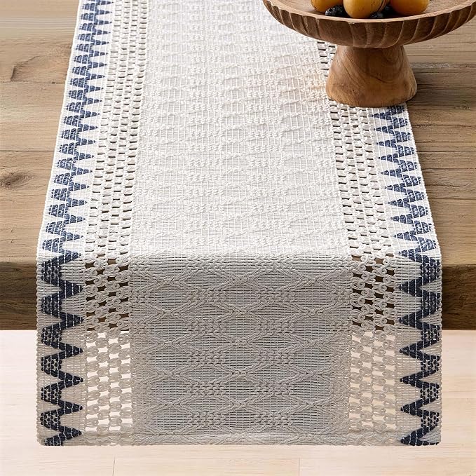 Macrame Side Trim Boho Woven Table Runner, Dusty Blue 12x90 Inch | Crochet - Image 6