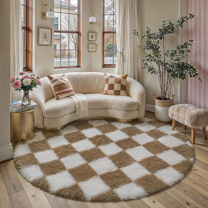 PureCozy 6x6 Round Rugs for Living Room Brown Soft Shag Checkered Large Rug - Image 3