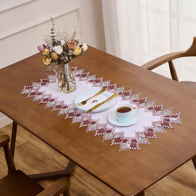 White Dark Red Linen Lace Table Runner 36 inches Dresser Scarf | Dresser Runner - Image 3