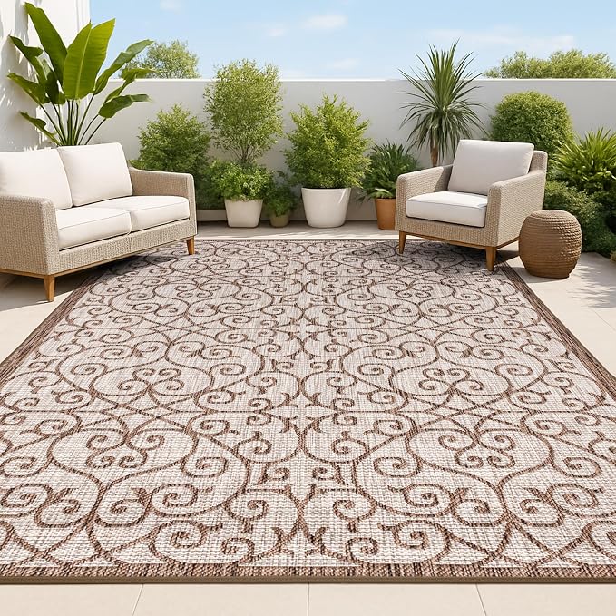 JONATHAN Y Vintage Filigree Indoor Outdoor Area Rug 9X12 Taupe/Espresso by JONATHANY