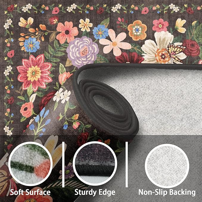 Washable Area Rug 8x10 Espresso, Large Soft Floral Carpet - Image 3