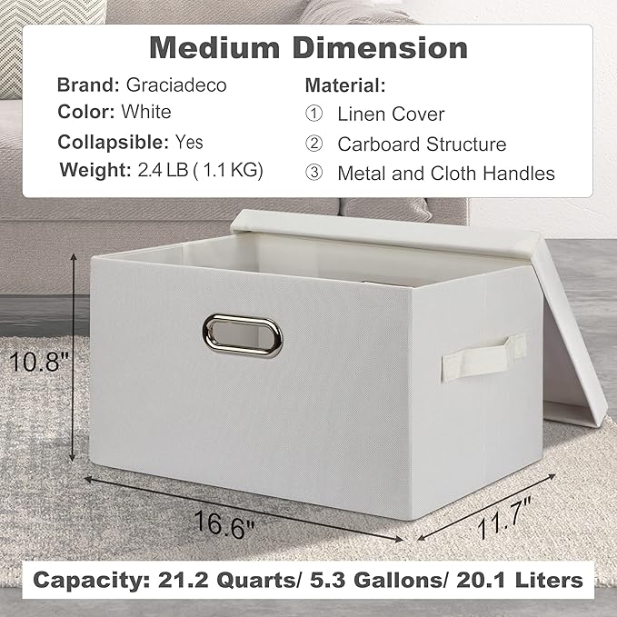Medium 15" 21 Quart Collapsible Stackable Storage Bins with Lids, 5 Packs White Foldable Fabric Closet Storage Boxes with Lids, Lidded Heavy-duty Linen Baskets(15x11x8)