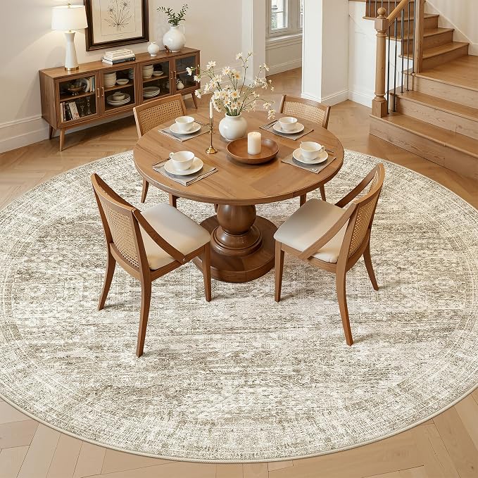 Soalmost 8ft Round Rug Brown/Ivory, Living Room Circle Rug Vintage Round Area - Image 3