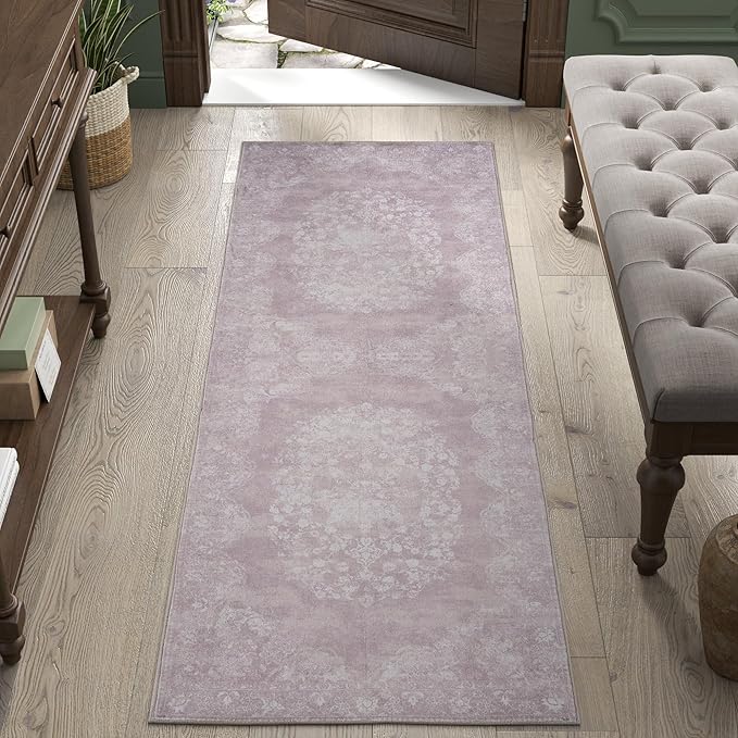jinchan Vintage Floral Runner Rug 2x5 - Machine Washable Distressed Design Non-Slip Low-Pile Soft Thin Carpet for Hallway Kitchen Farmhouse Bedroom Entryway Laundry Room (2x5ft,Orchid)
